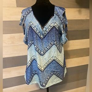 Blue and yellow strappy cold shoulder top with zipper front. Large .